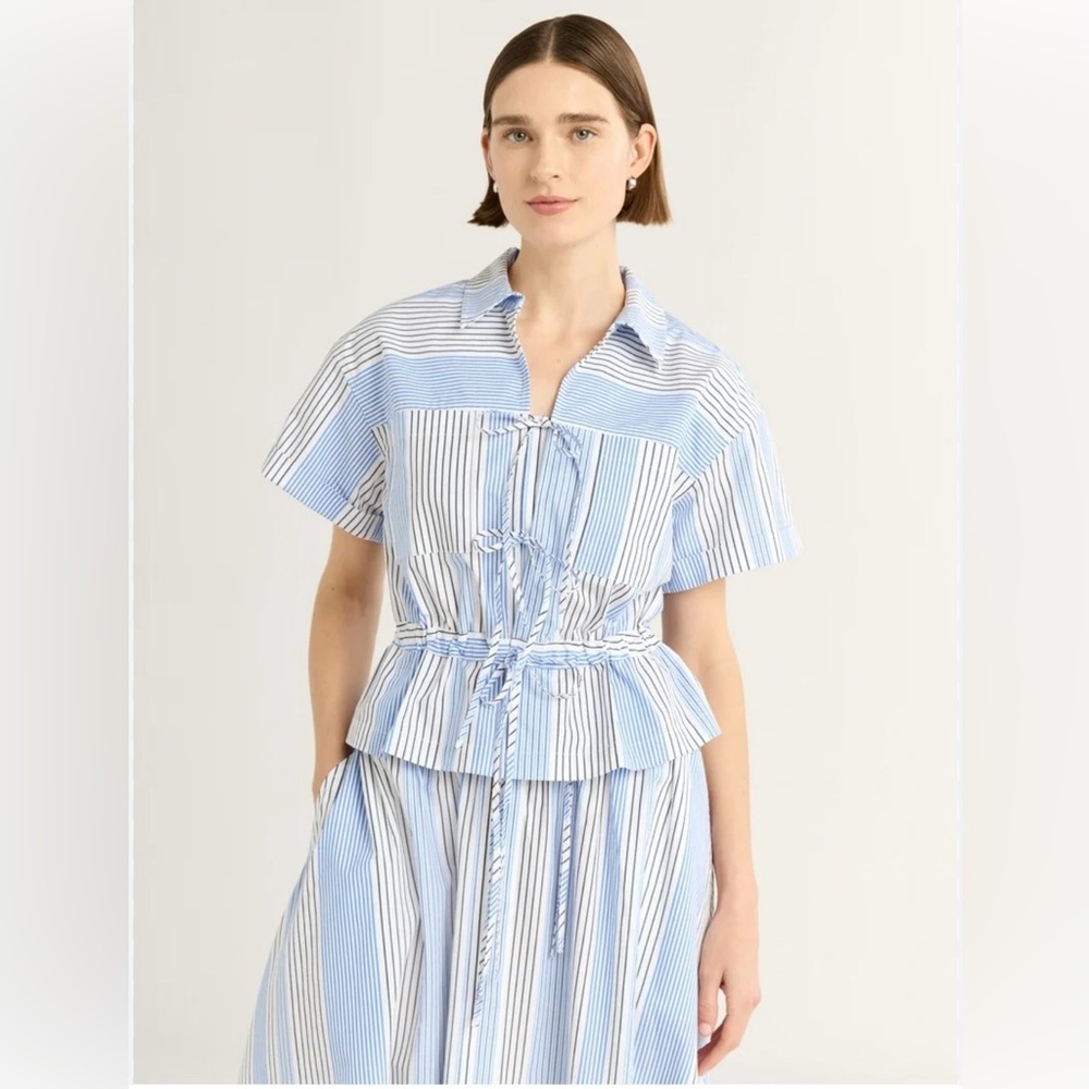 Free Assembly Blue White Stripe Matching Set Top & Skirt Size L Coastal Resort